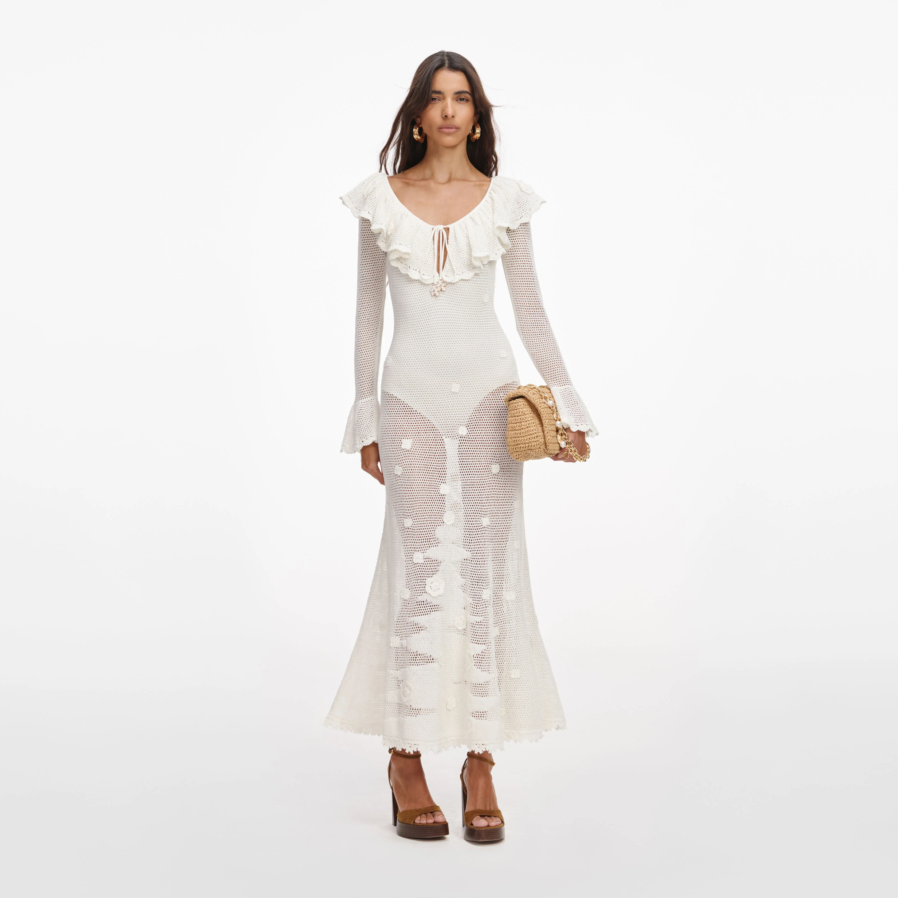 White Floral Crochet Midi Dress