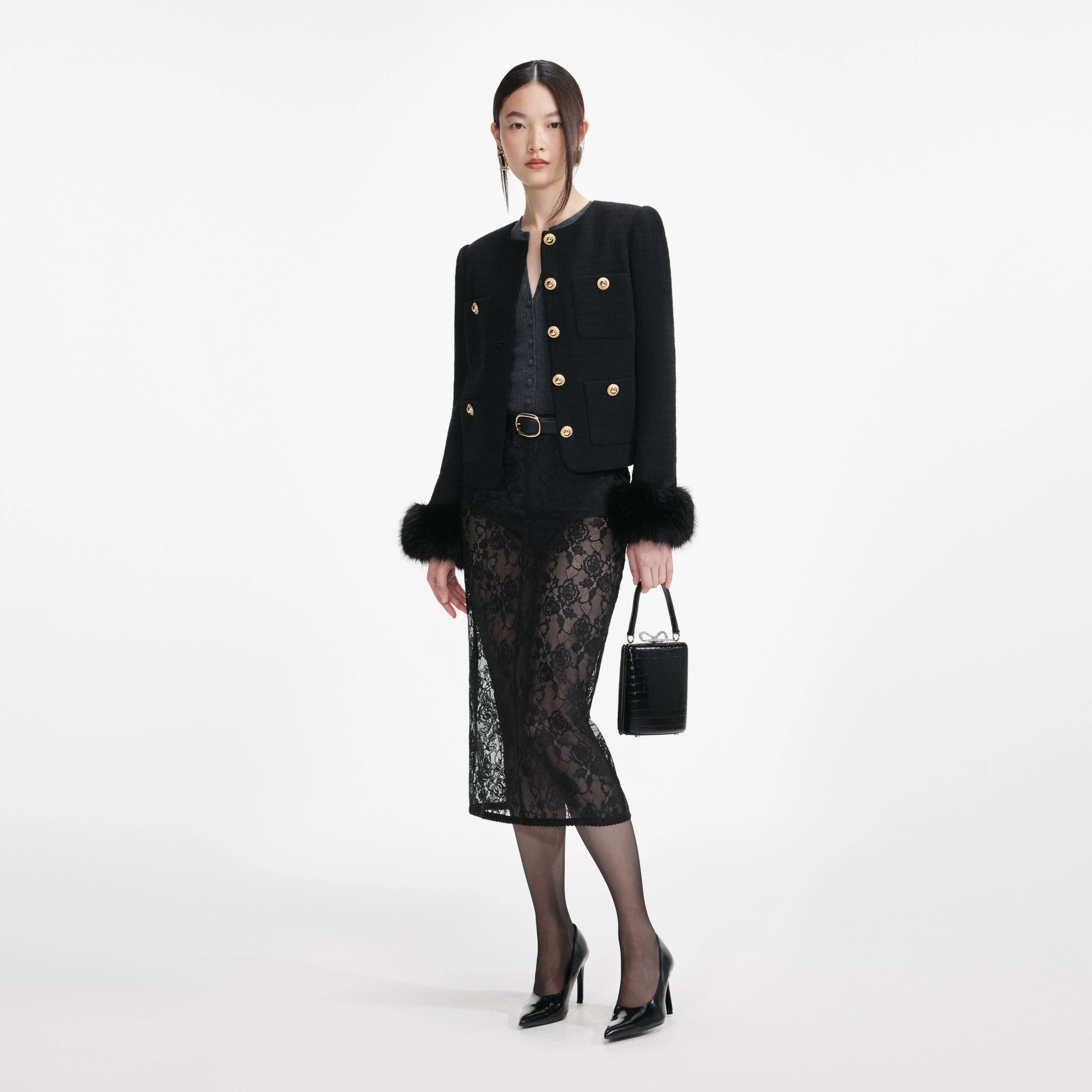 Black Boucle Fur Cuff Jacket - Image 2