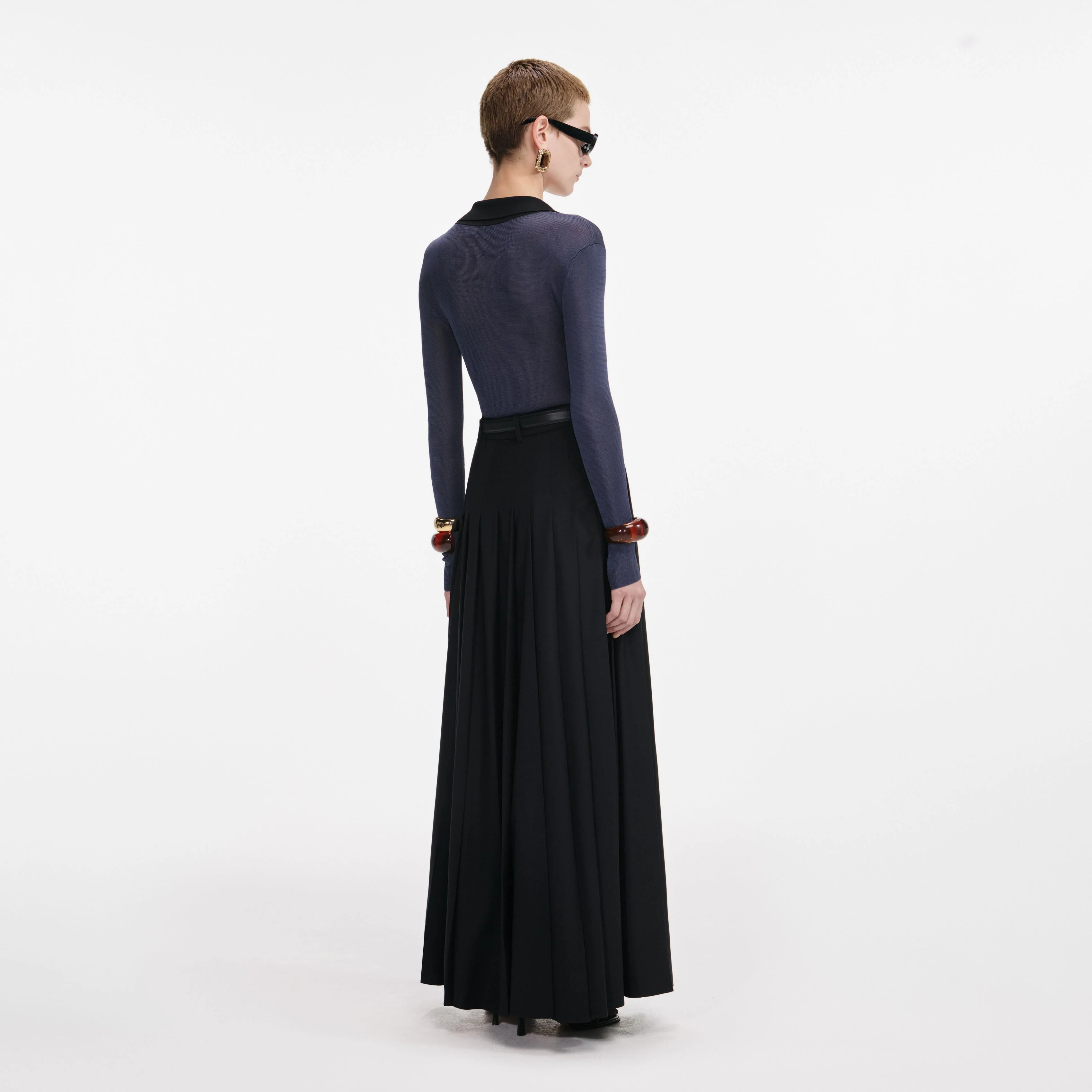 Black Pleated Twill Maxi Skirt - Image 3