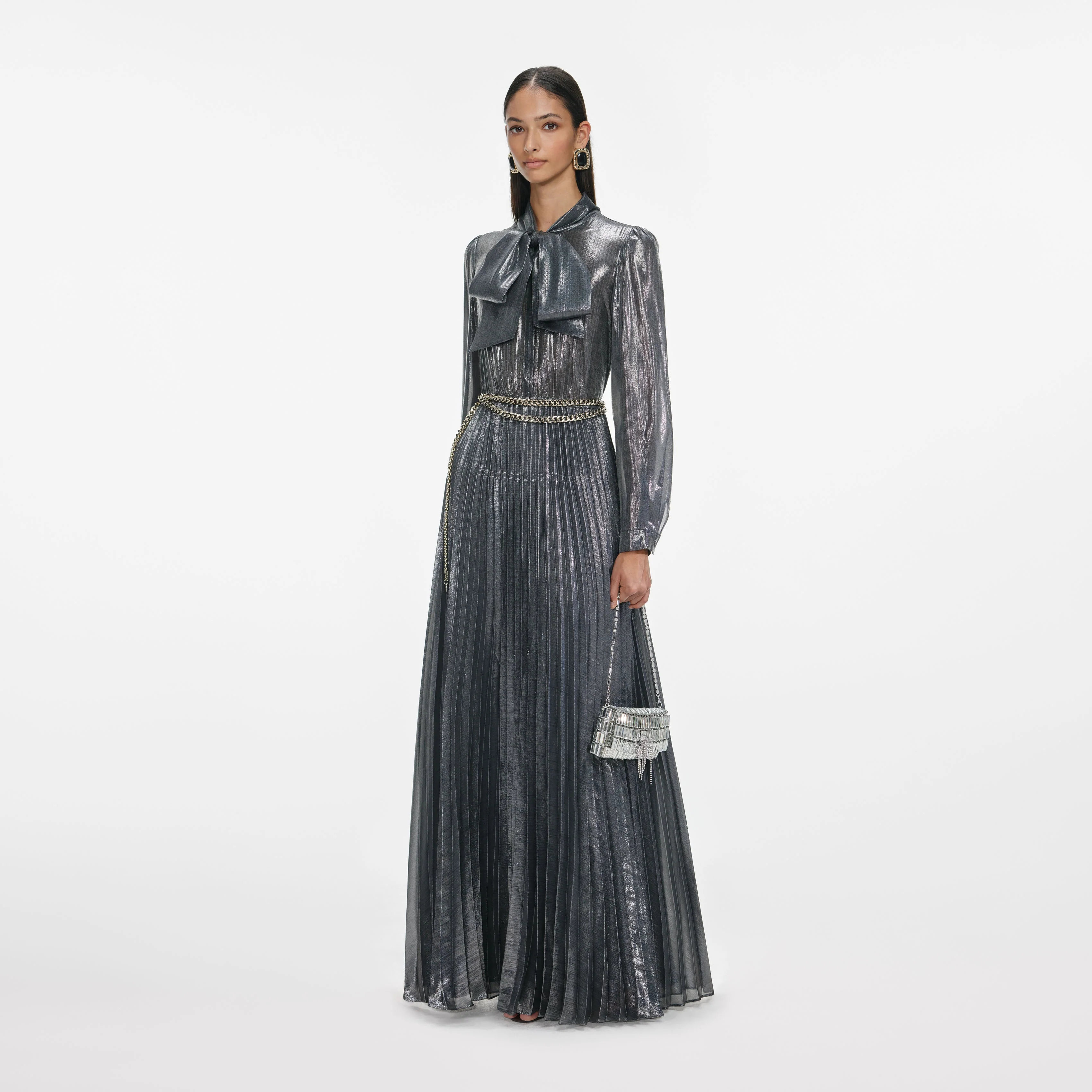 Grey Metallic Tie Neck Maxi Dress - Image 2