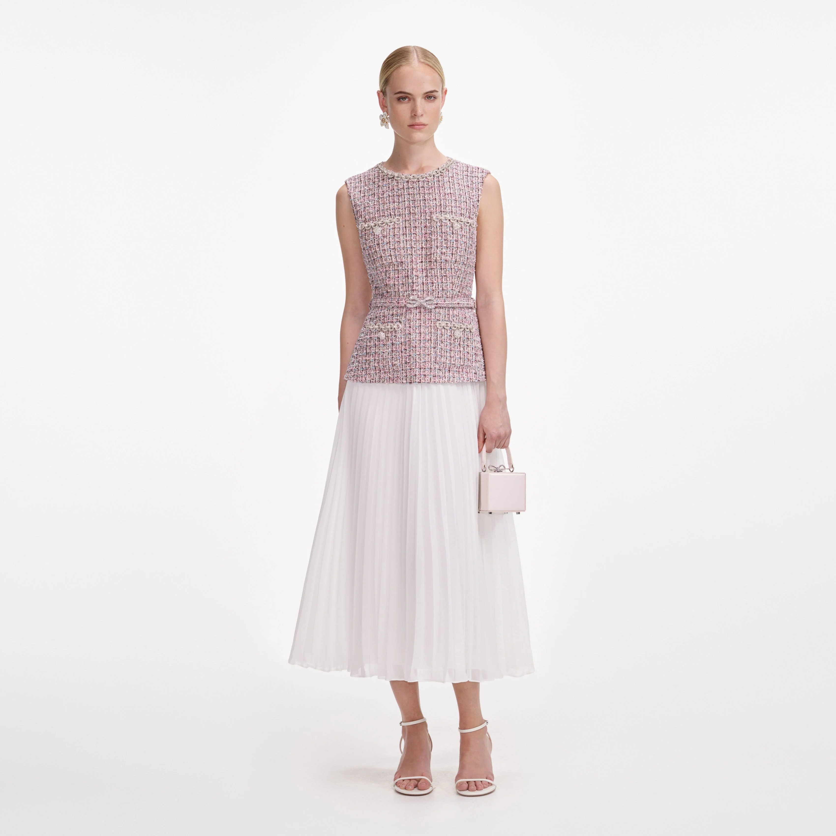 Pink Boucle Chiffon Midi Dress