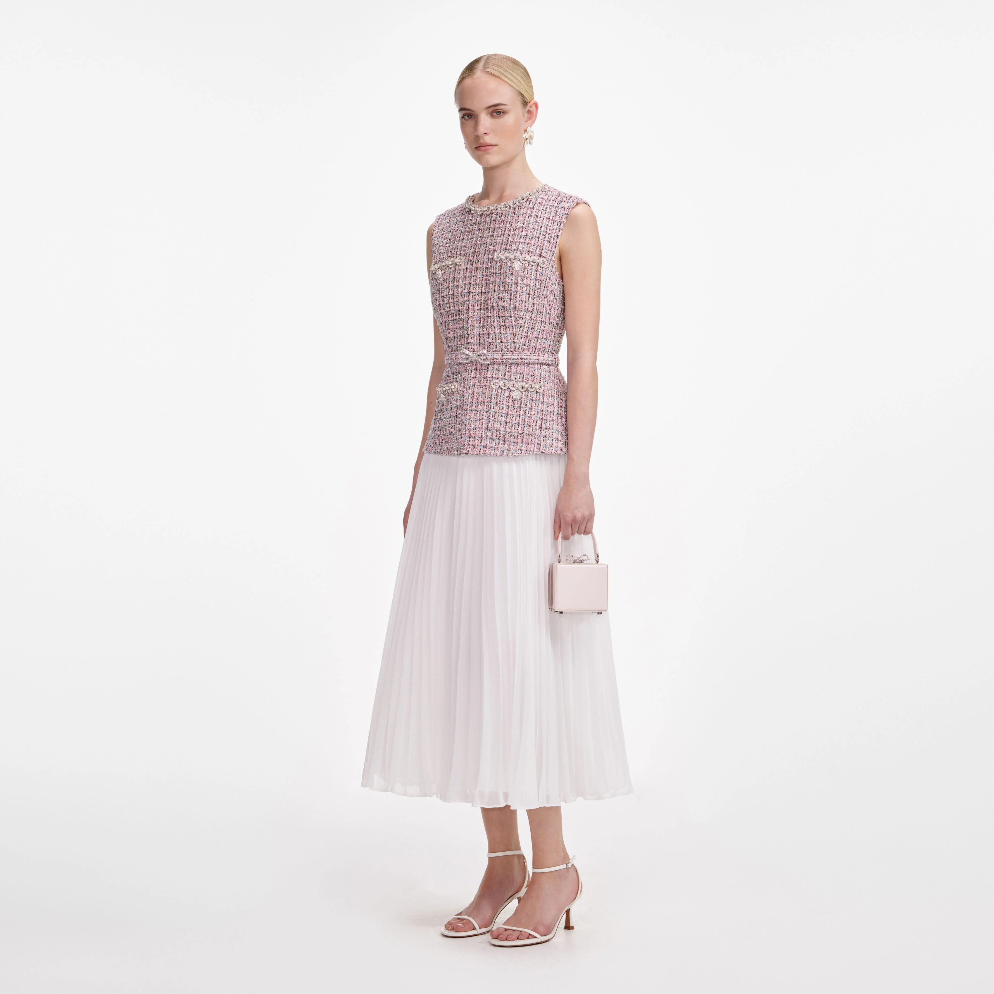 Pink Boucle Chiffon Midi Dress - Image 2