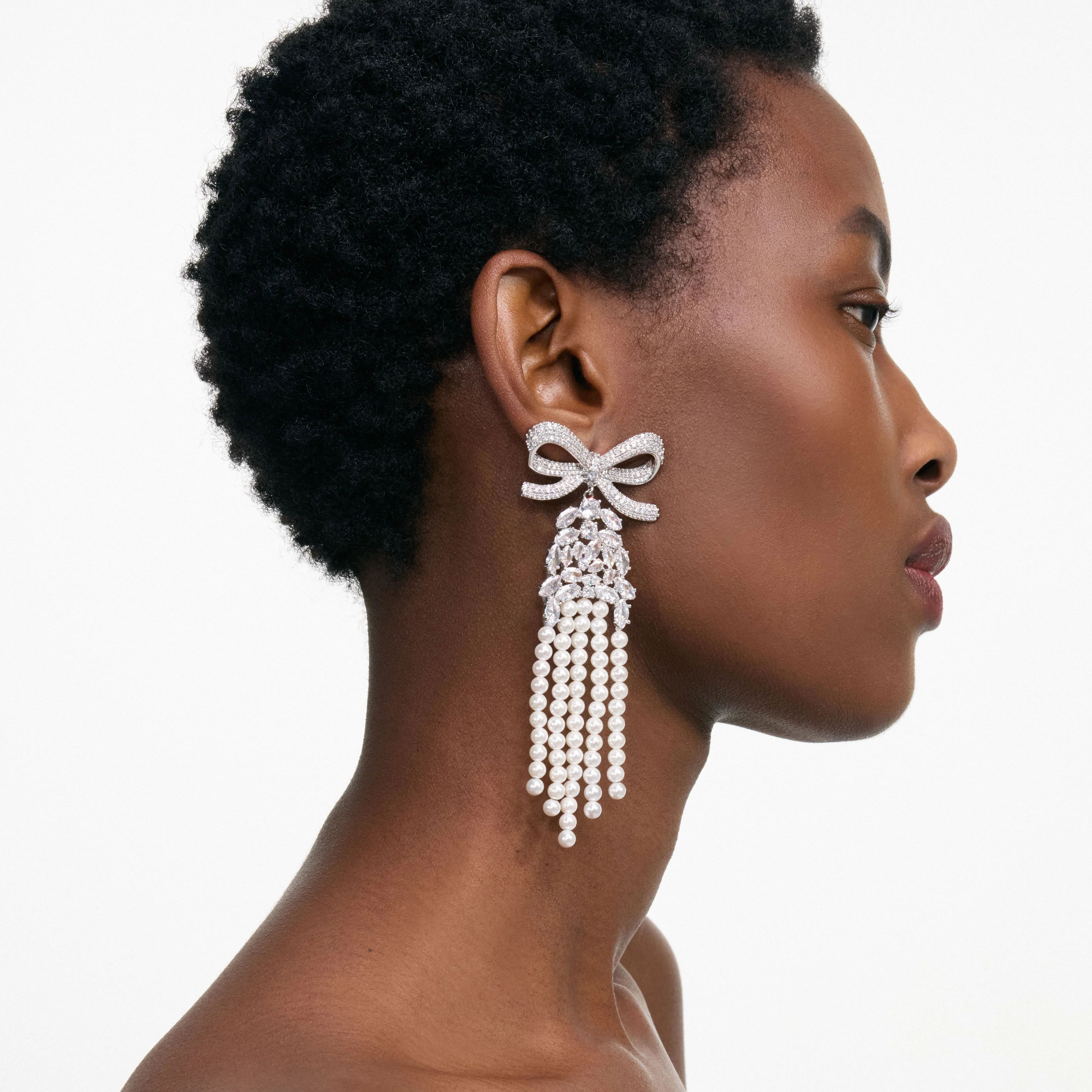 Crystal Bow Pearl Droplet Earrings - Image 2