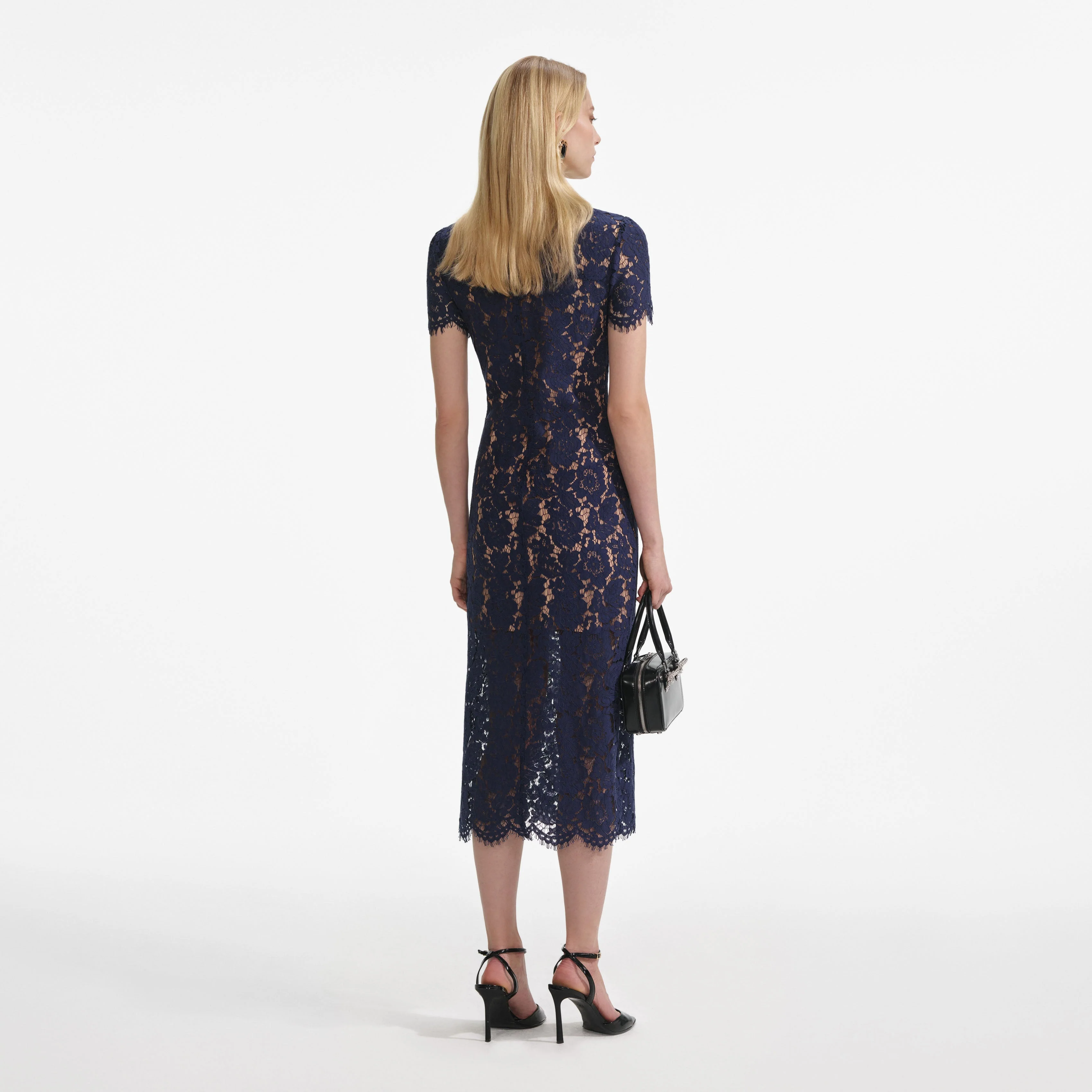 Navy Lace Contrast Collar Midi Dress - Image 3