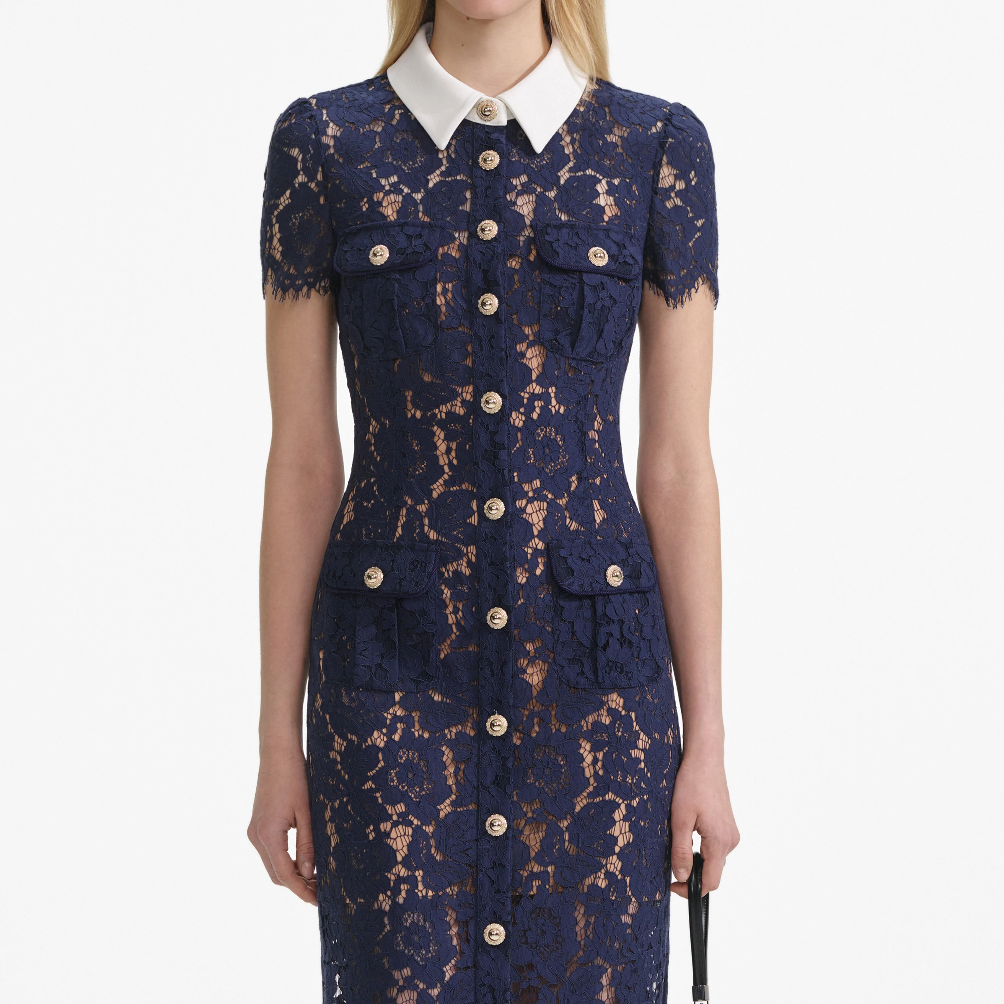Navy Lace Contrast Collar Midi Dress - Image 4