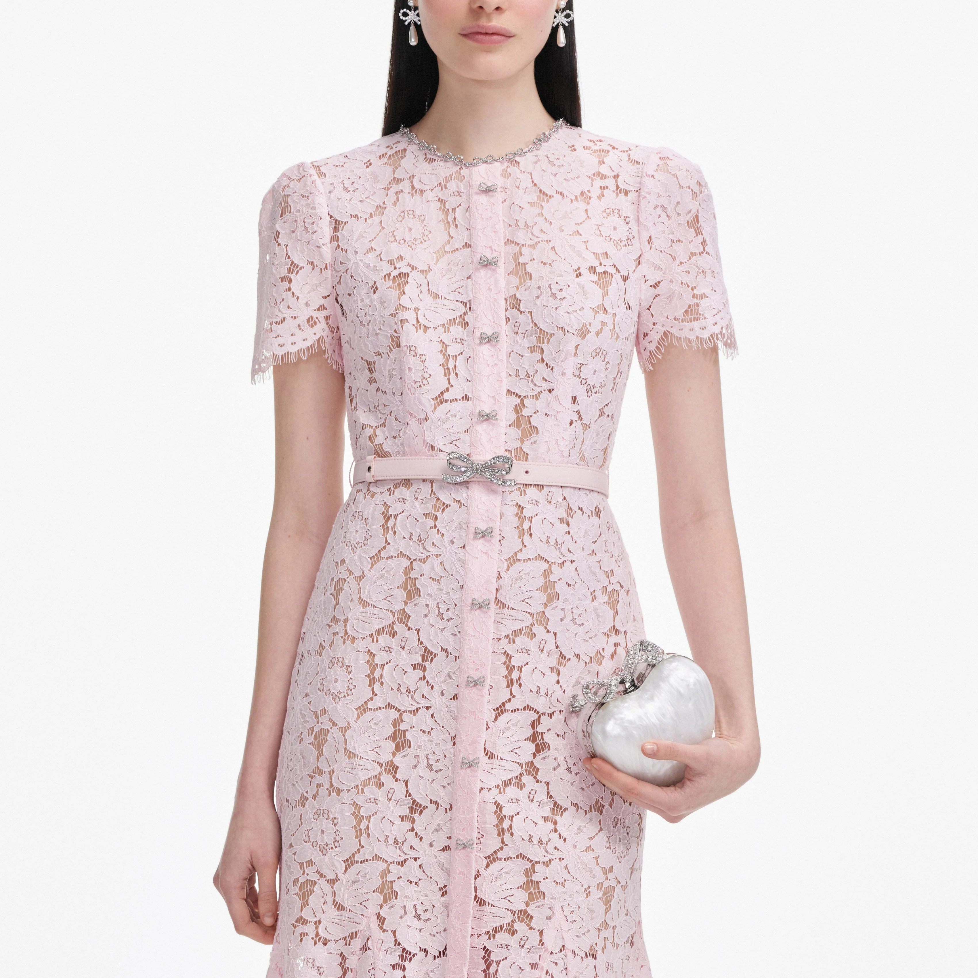 Pink Lace Bow Trim Midi Dress - Image 4