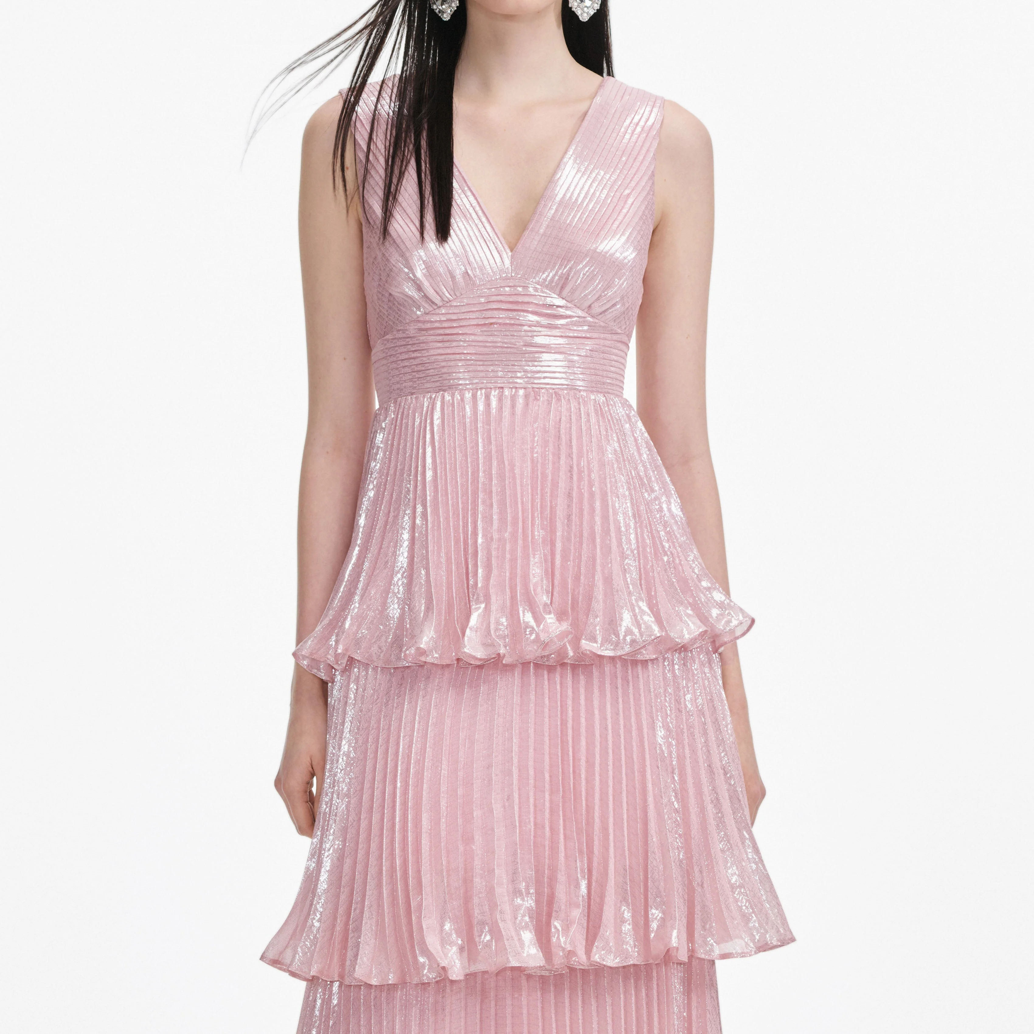 Pink Metallic Tiered Maxi Dress - Image 4