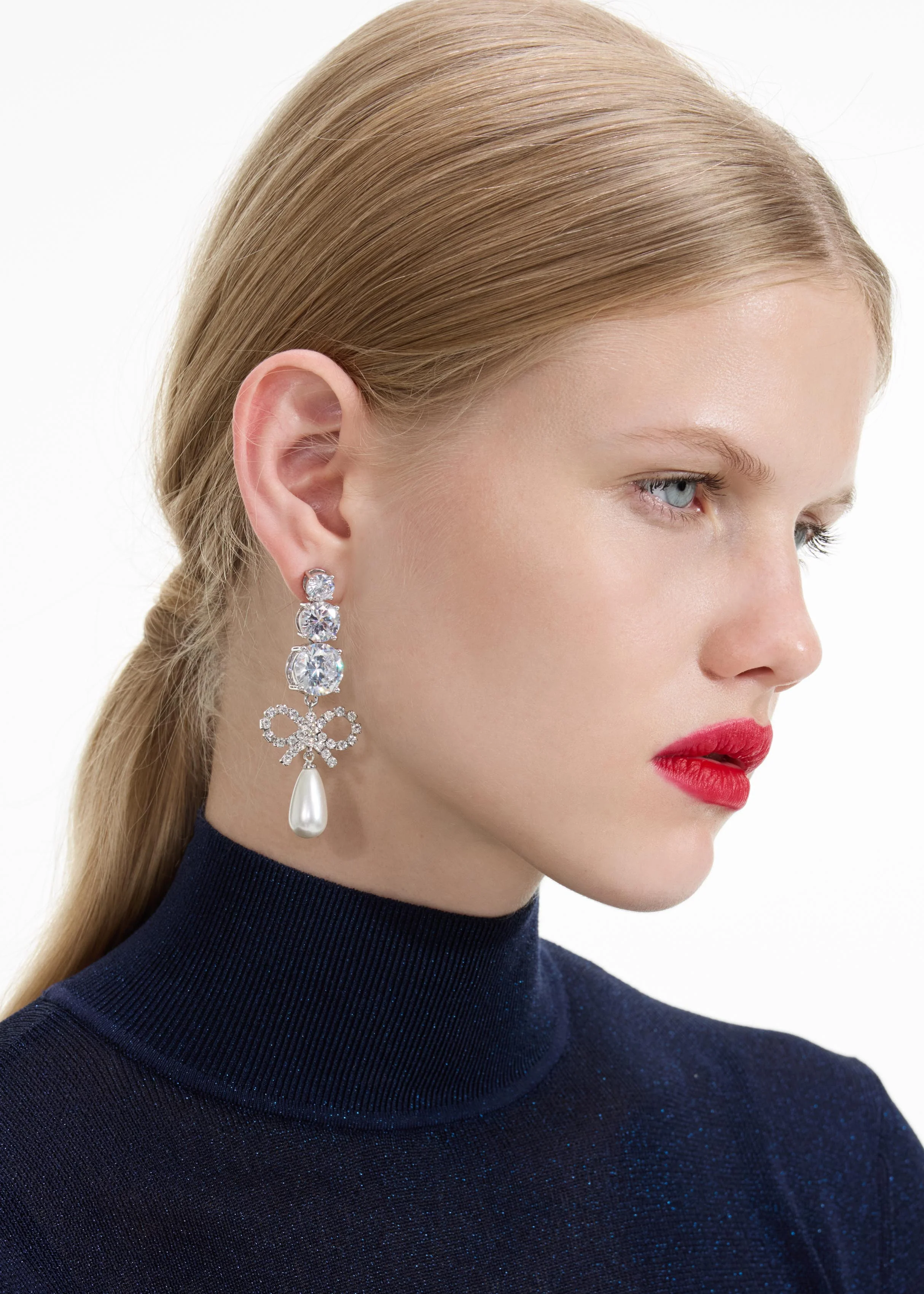 Crystal Bow Pearl Earrings - Image 2