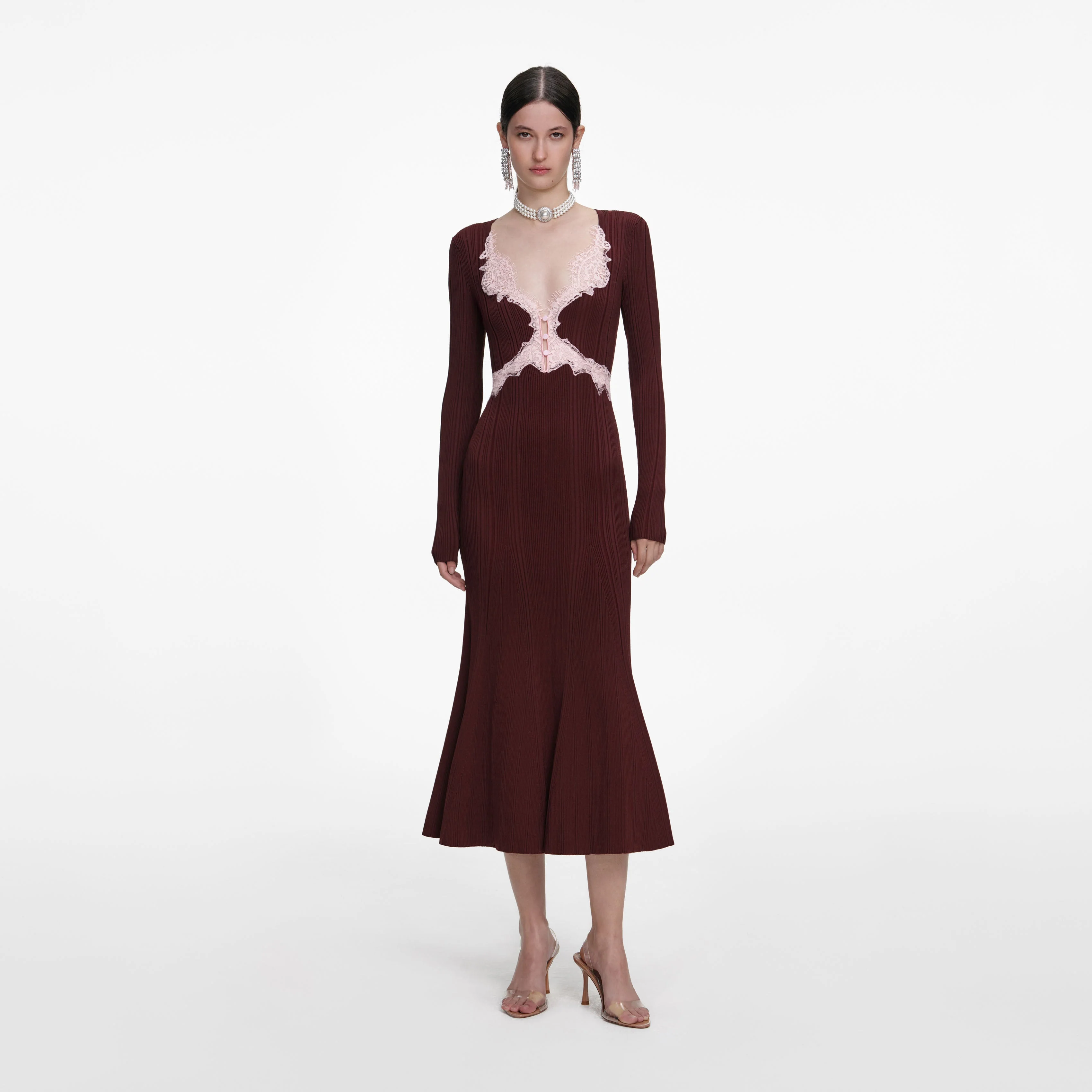Brown Contrast Lace Knit Midi Dress