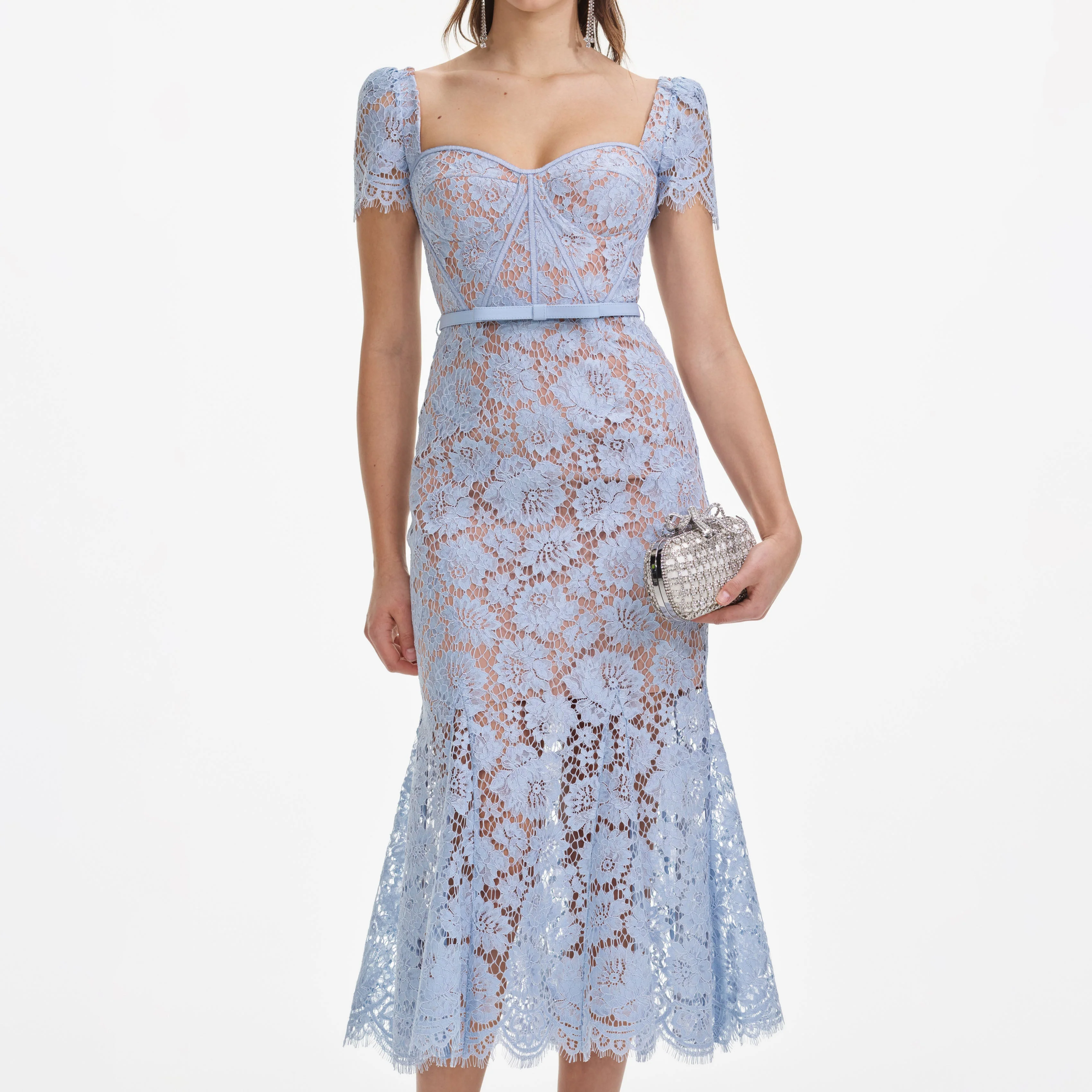 Blue Fine Lace Midi Dress - Image 4